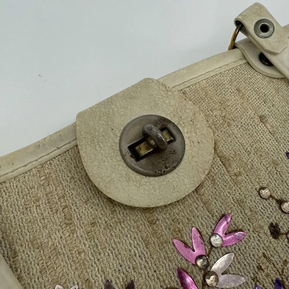 Vintage 60s Jewel Tone  Wood Tote Handbag Collins Style Purse Floral Bucket